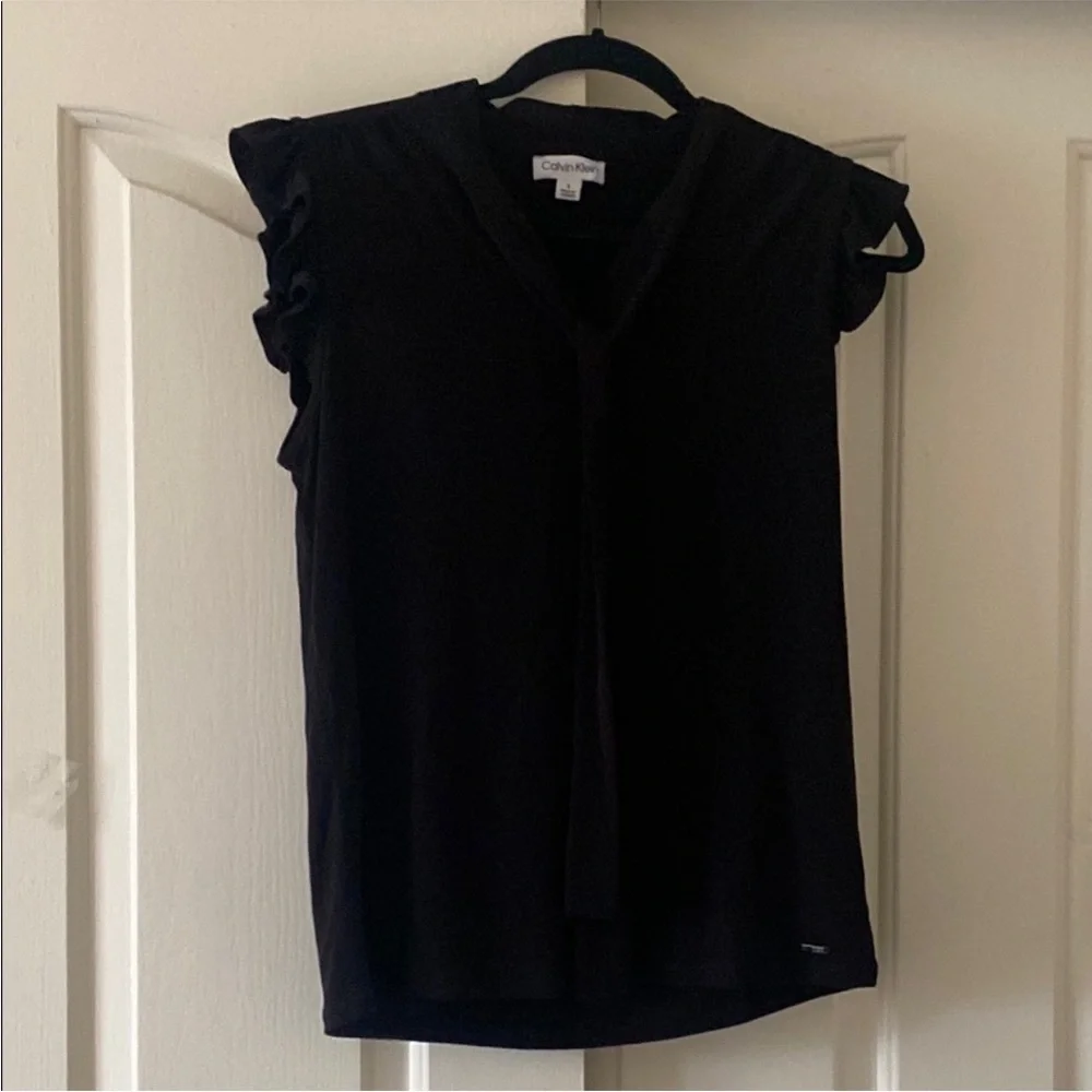Calvin Klein Black Ruffled Tie Front Blouse. Blouse S - Picture 2 of 9